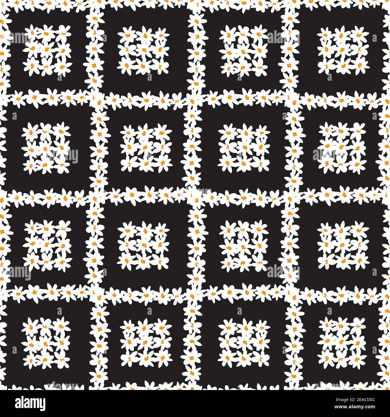 Vecteur noir et blanc amusant Marguerite fleurs carrés blocs répéter le motif avec fond gris foncé coeurs. Convient pour le textile, l'emballage cadeau et le papier peint. Illustration de Vecteur