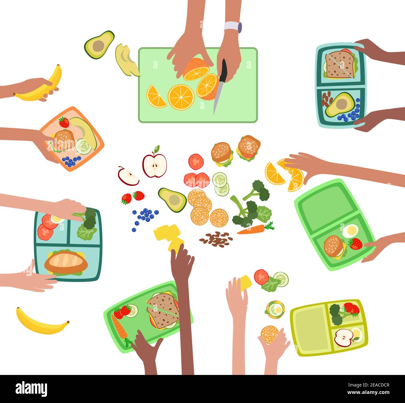 Les mains des enfants font un déjeuner sain et frais ou pique-nique pour les enfants boîte à lunch scolaire, vecteur groupé et superposé, facile à modifier Illustration de Vecteur