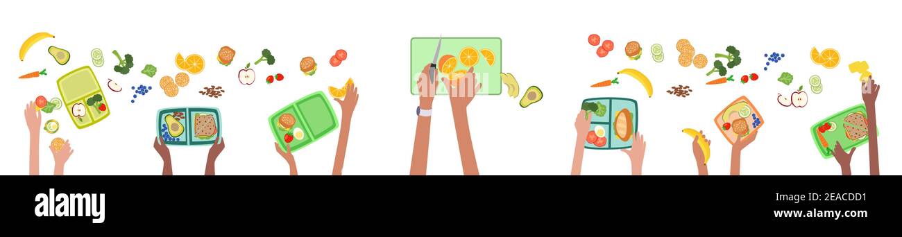 Les mains des enfants font un déjeuner sain et frais ou pique-nique pour les enfants bannière de la boîte à lunch scolaire vecteur groupé et superposé facile à éditer Illustration de Vecteur
