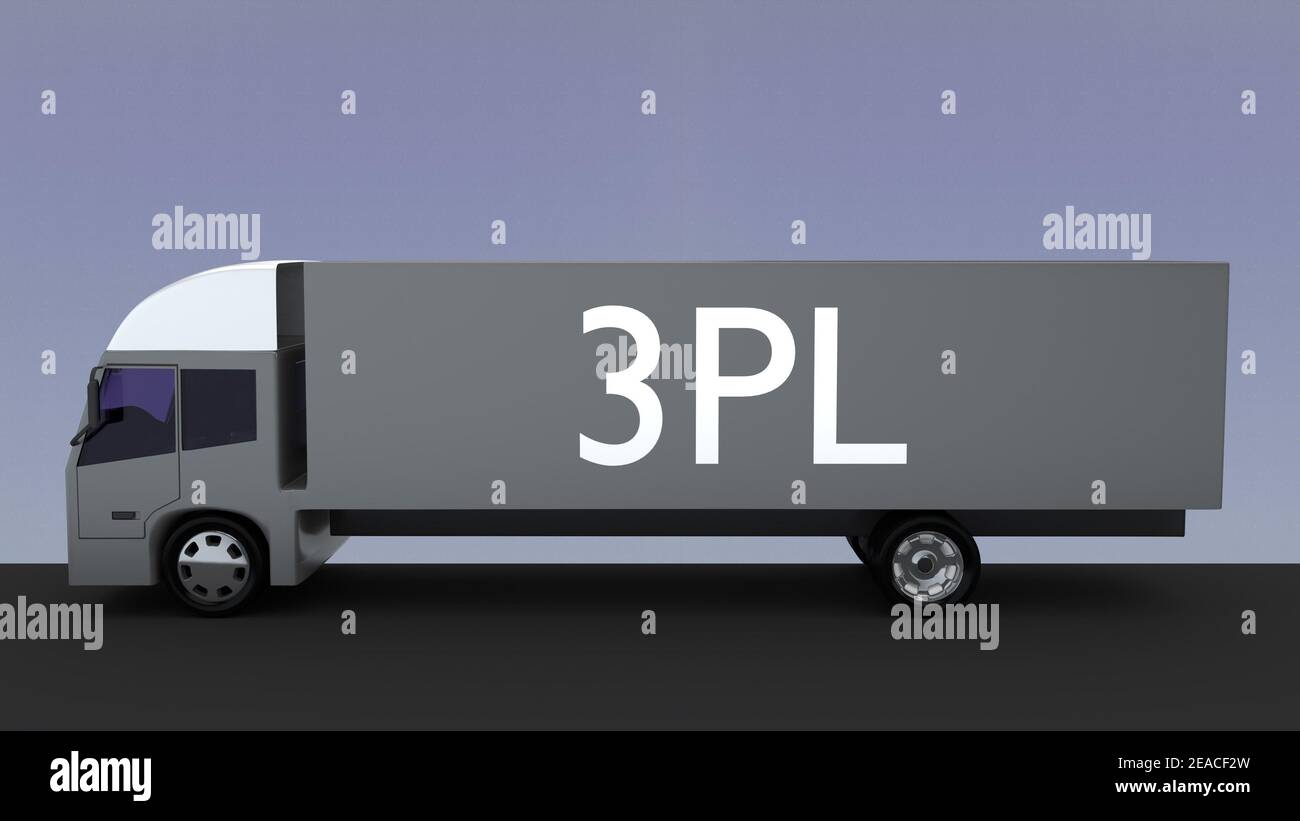 Illustration 3D d'un chariot avec titre 3PL sur son côté, isolé sur un gradient bleu. Banque D'Images