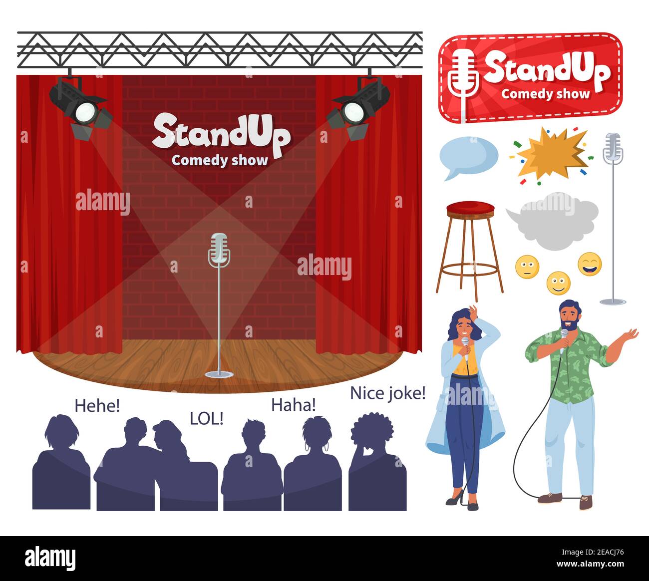 Stand up comique show Stage, personnages de dessin animé humoristiques avec microphones, illustration vectorielle plate pour le public. Comédie club Illustration de Vecteur