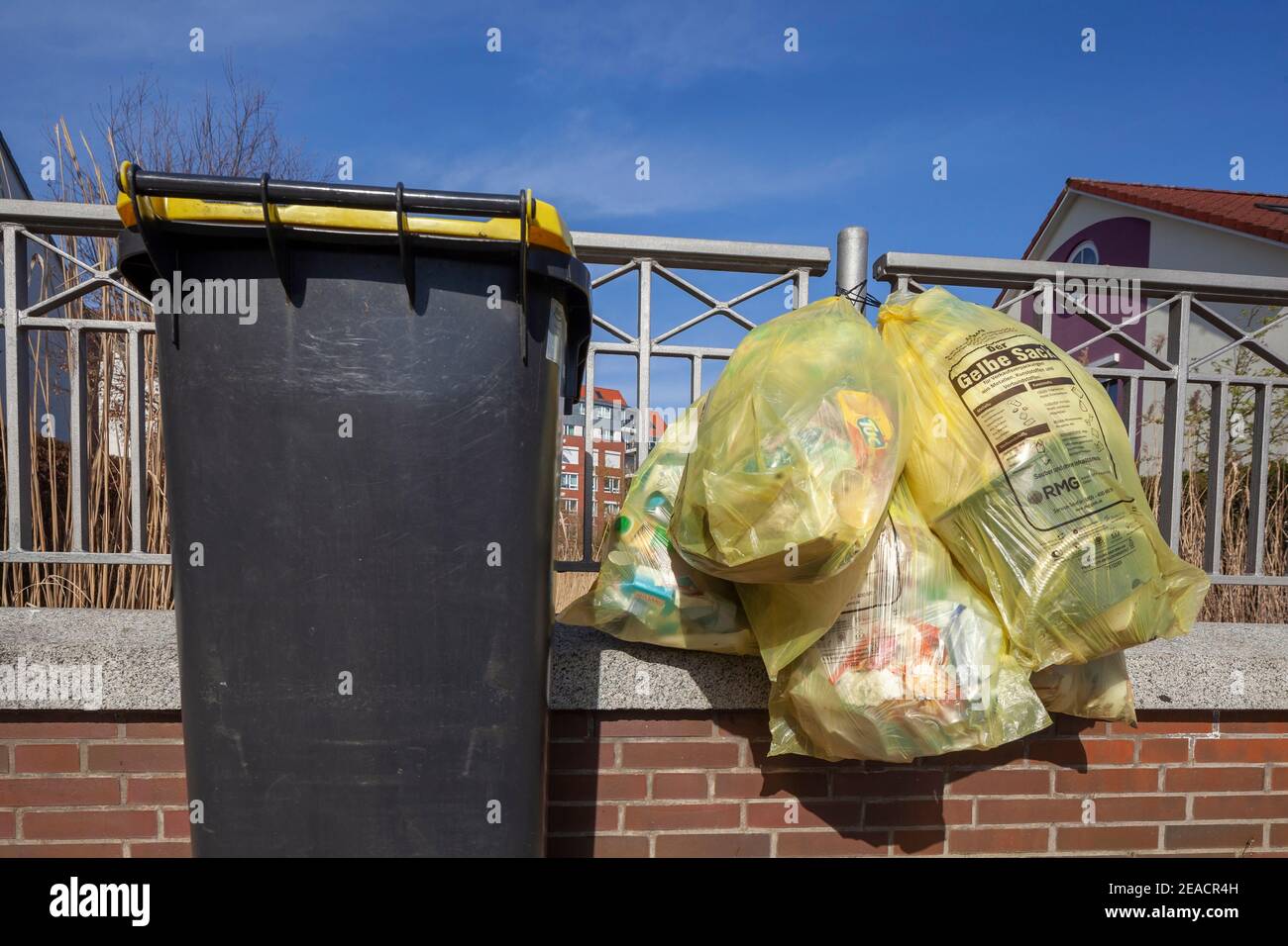 Poubelle jaune et sacs jaunes pour déchets en plastique, suspendus sur une clôture de jardin, Allemagne Banque D'Images
