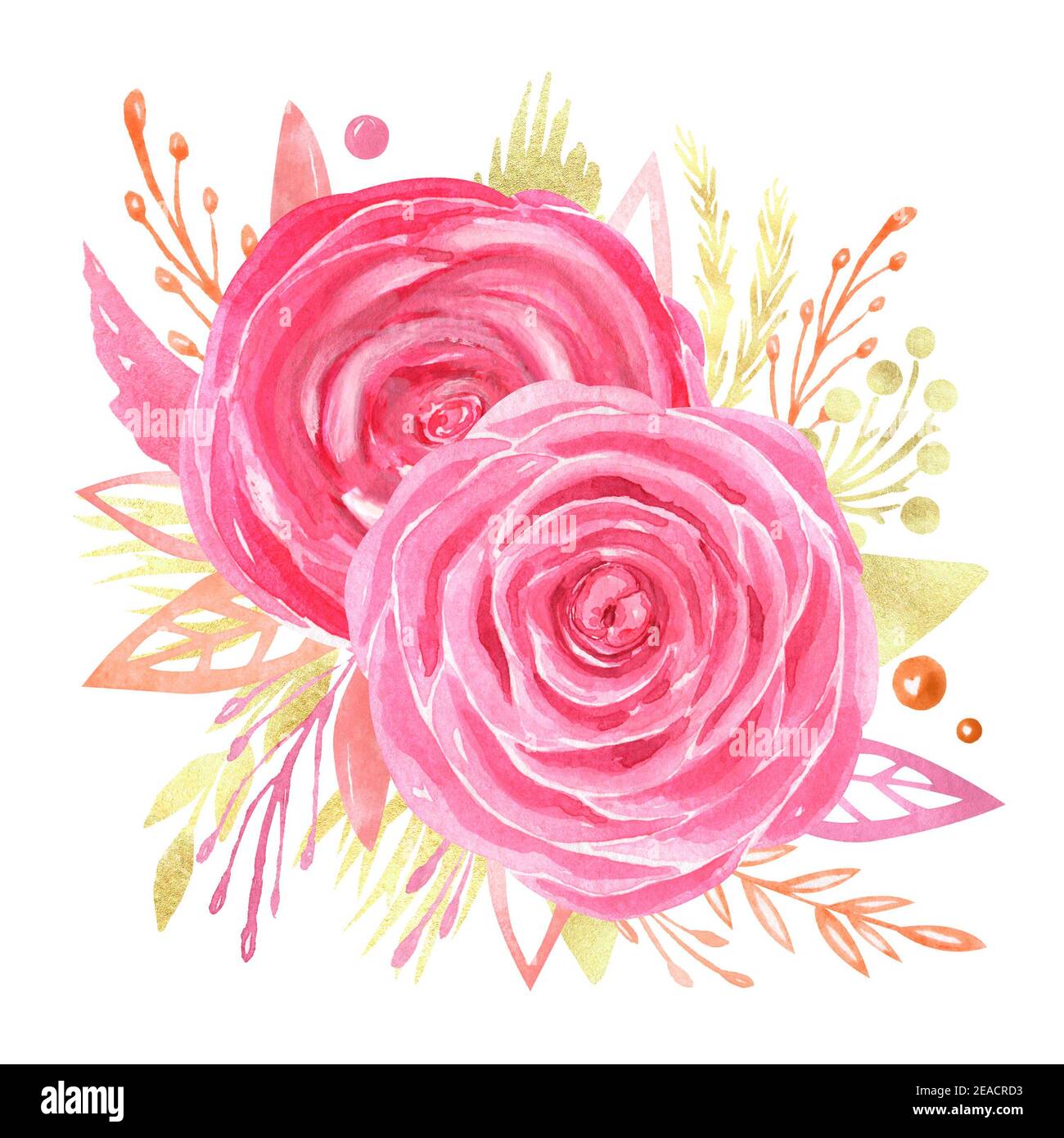Aquarelle florale arrangement clipart. Bouquet de mariage de roses rouges peintes à la main. Banque D'Images