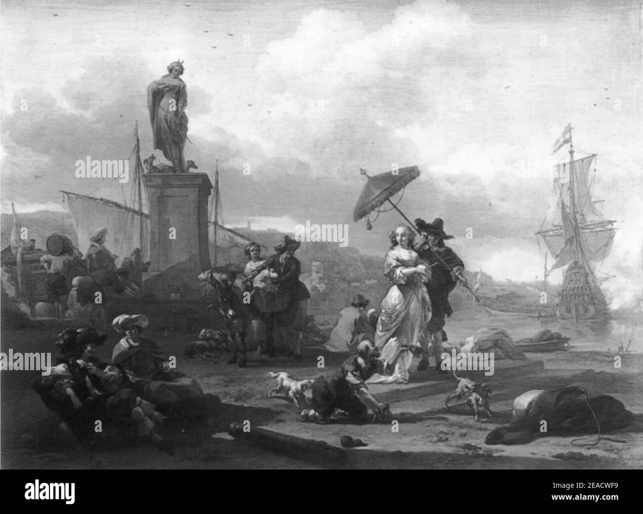 Nicolaes Berchem - Port italien avec des paysans et un couple avec un parasol. Banque D'Images