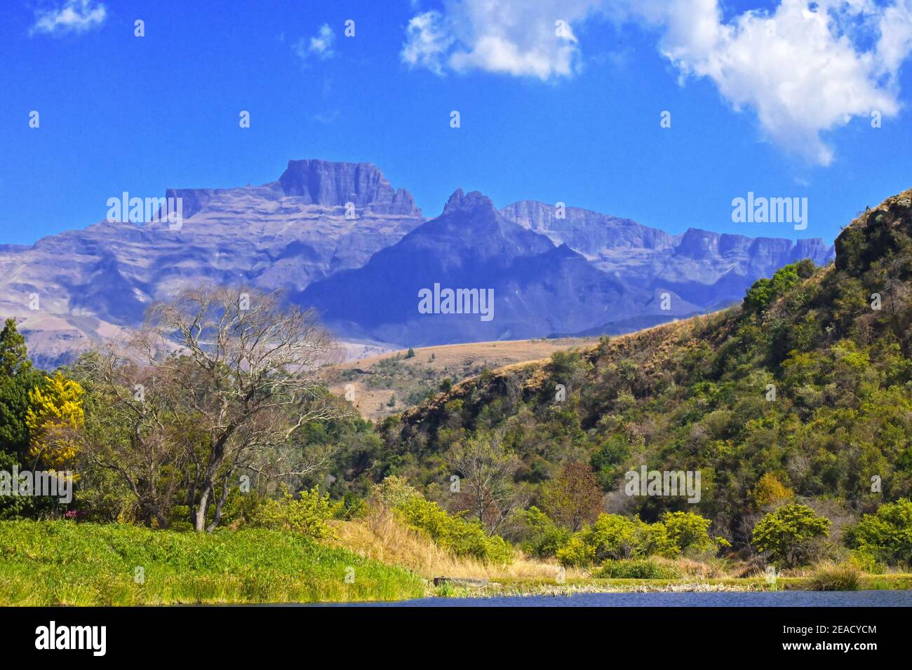 Vue sur le pic Cathkin [3149 m] dans les montagnes du Drakensberg, KwaZulu Natal, Afrique du Sud. Banque D'Images