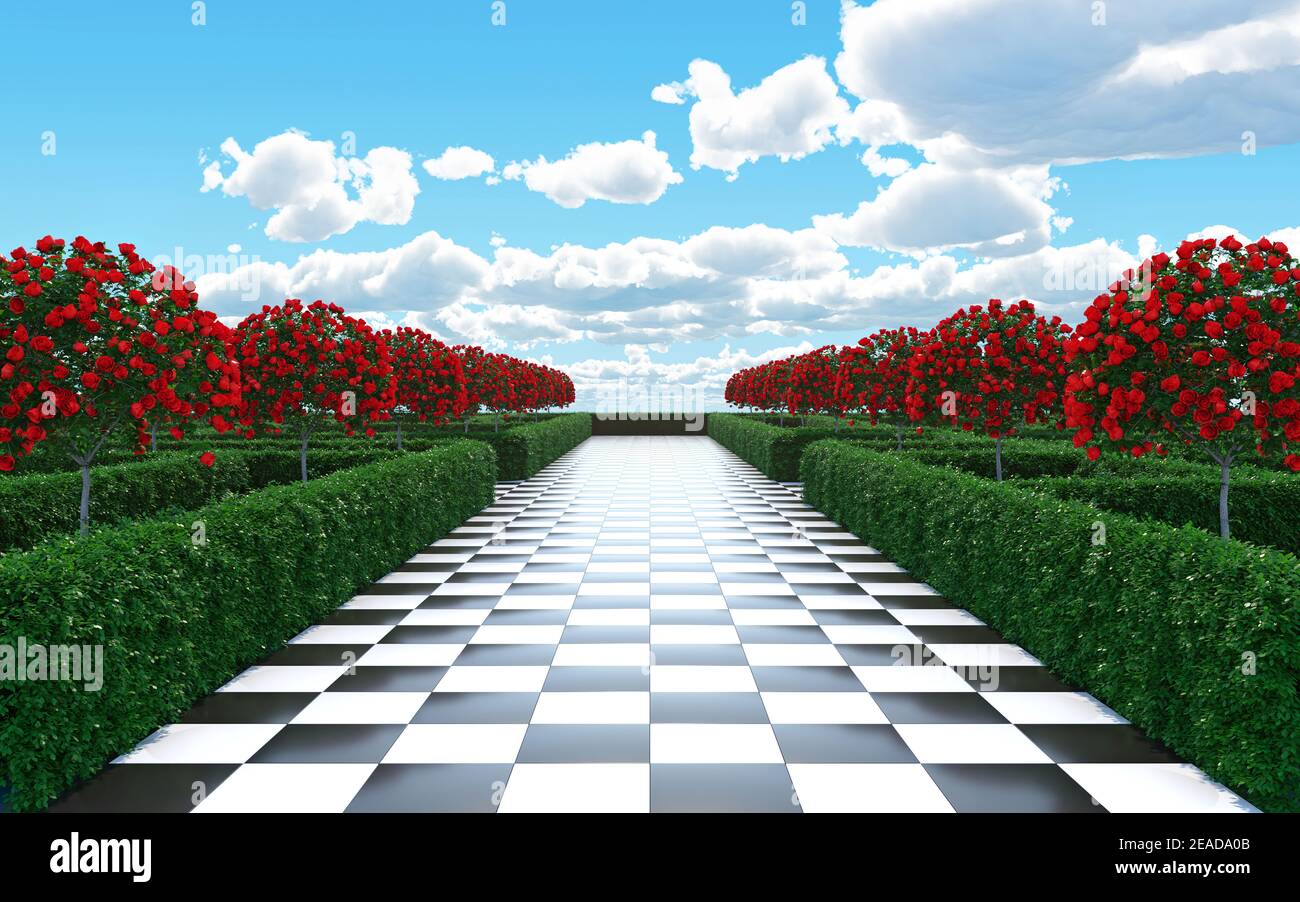 Illustration du rendu 3d de Maze Garden. Échecs, flamant doré, arbres avec fleurs rouges et nuages dans le ciel. Banque D'Images