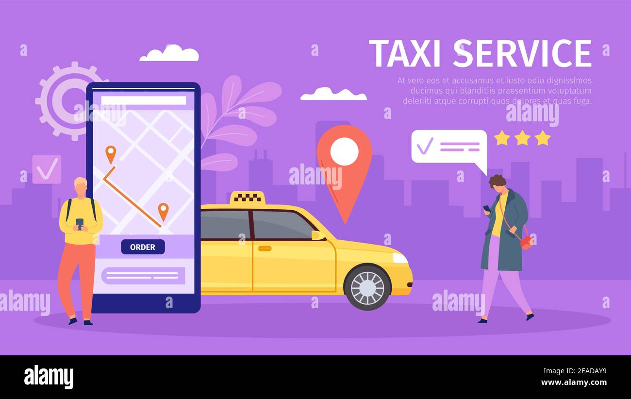 Service de taxi en ligne. Un jeune homme et une jeune femme commandent une cabine par téléphone intelligent. Grand téléphone avec carte et emplacement. Application mobile pour réserver le concept de vecteur taxi Illustration de Vecteur