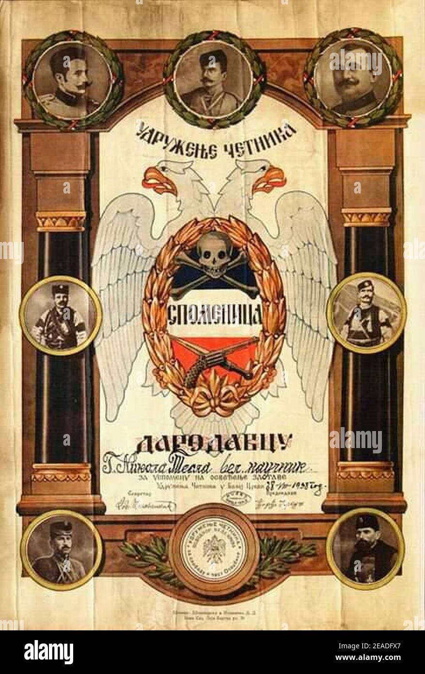 Le diplôme Chetnik d'honneur de Nikola Tesla. Banque D'Images