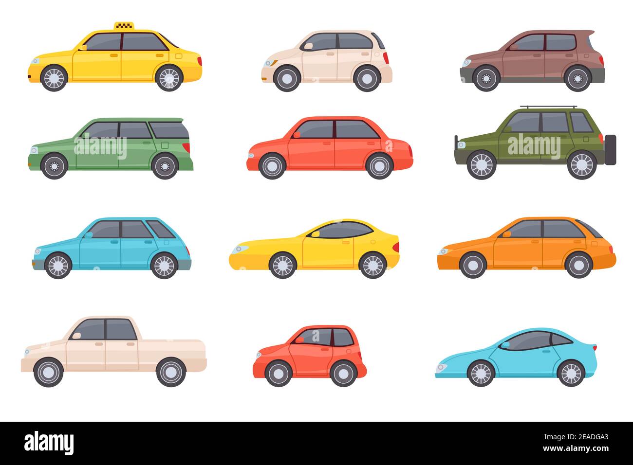 Voitures plates. Vue latérale du véhicule cartoon. Taxi, monospace, mini-voiture, suv et pick-up. Icônes de transport urbain automatique. Jeu de vecteurs de conception automobile Illustration de Vecteur