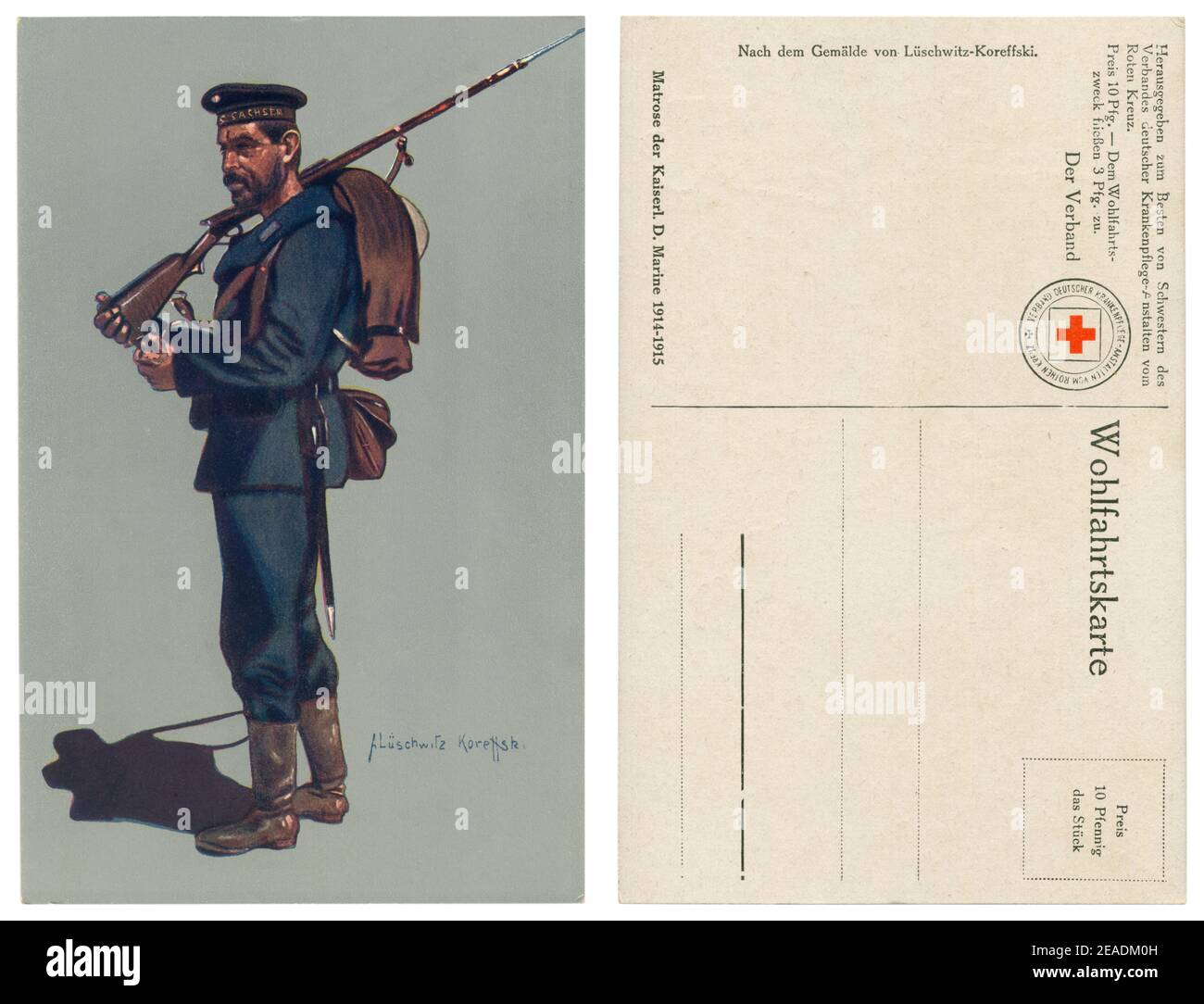 Carte postale historique allemande: Un marin kaisermarine du navire de guerre SMS Sachsen (1916), entièrement équipé, avec un fusil sur son épaule, la première guerre mondiale Banque D'Images