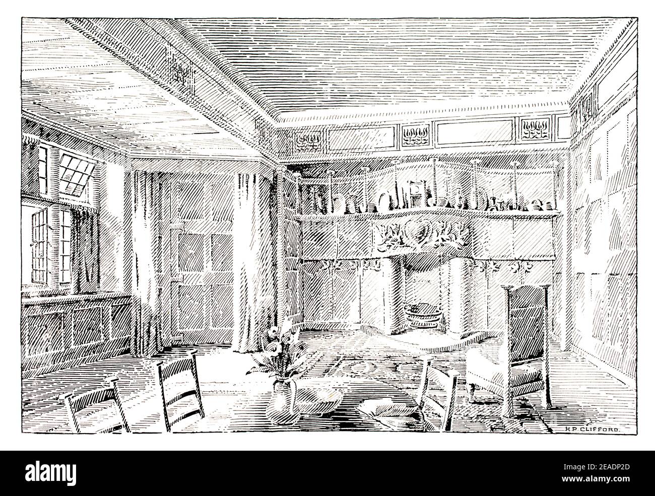 Arts et artisanat intérieurs, Cliff Towers, Salcombe Devon, salle à manger cheminée design par l'architecte C Harrison Townsend 1898 volume 13 Studio Magazine Banque D'Images