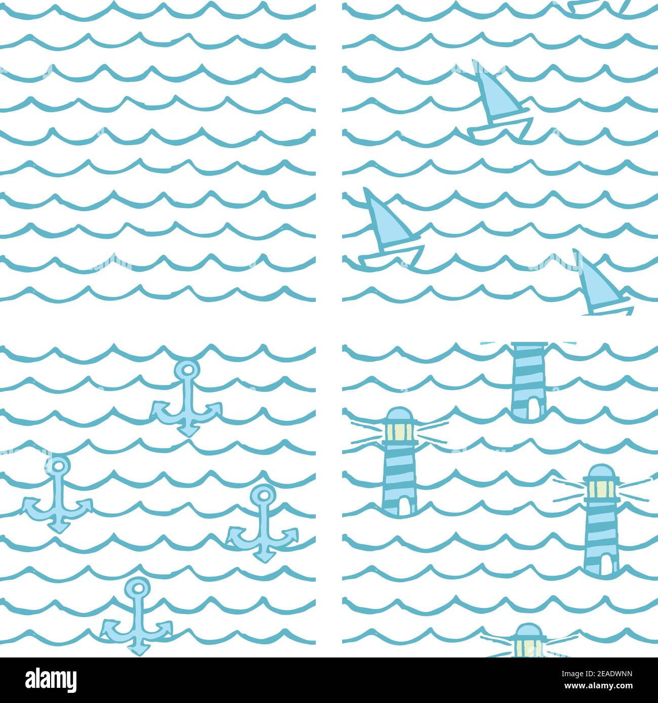 Quatre motifs différents sans couture en motifs marins. Illustration de Vecteur