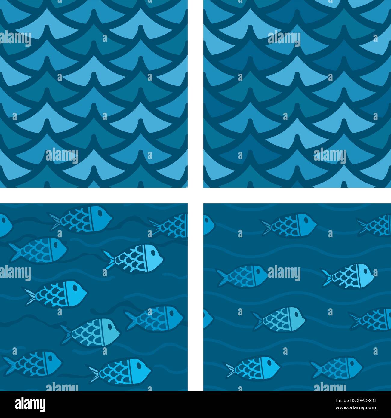 Quatre vecteurs de motif sans couture différents faits avec des vagues et des poissons. Illustration de Vecteur
