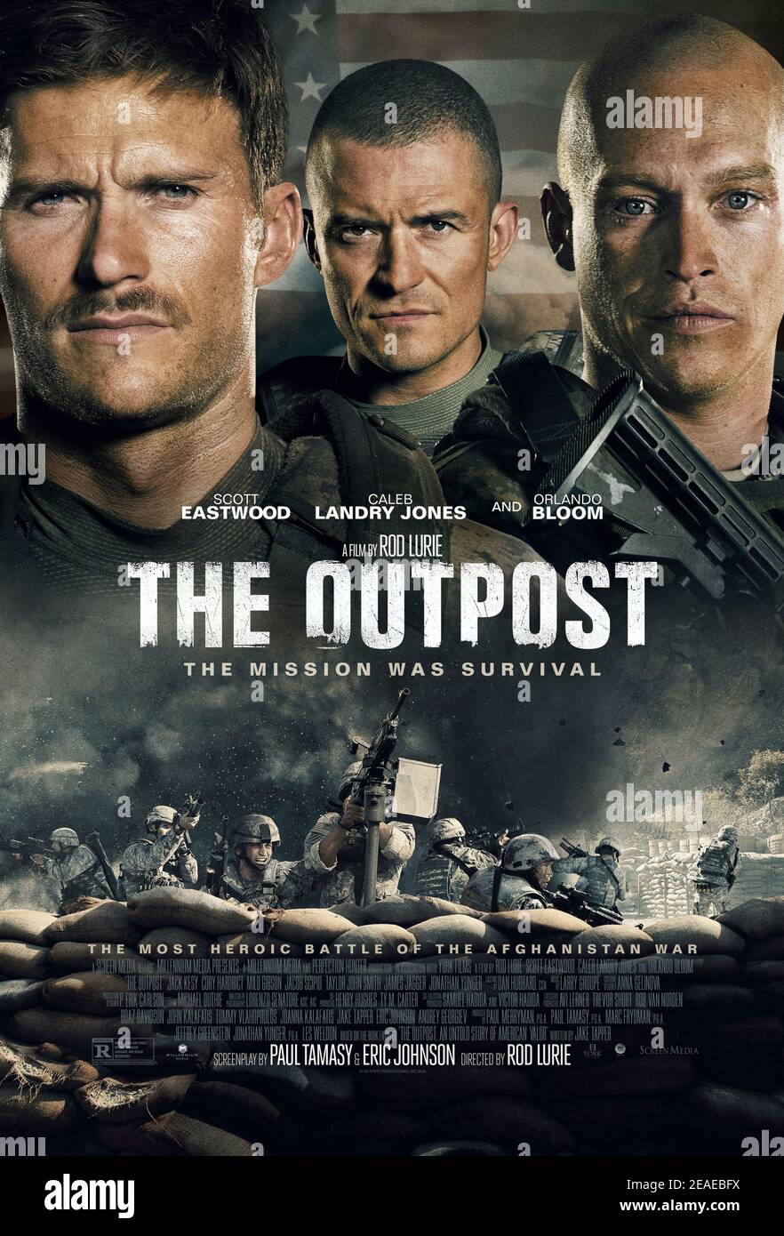 The Outpost (2019) dirigé par Rod Lurie et mettant en vedette Scott Eastwood, Caleb Landry Jones et Orlando Bloom. Sur la base d'une histoire vraie, une petite équipe de soldats américains se bat contre des centaines de combattants talibans en Afghanistan lors de la bataille de Kamdesh. Banque D'Images