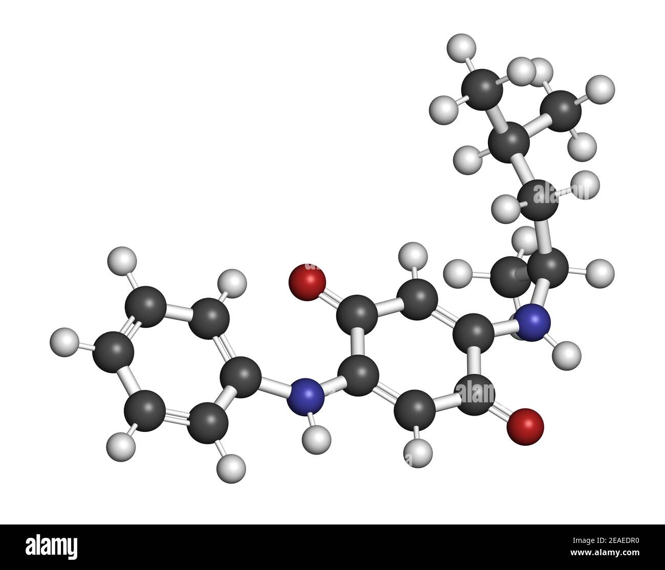 6PPD-quinone, produit de dégradation de l'additif pour caoutchouc 6PPD. Toxique pour le saumon. Rendu 3D. Les atomes sont représentés comme des sphères de couleur conventionnelle Banque D'Images
