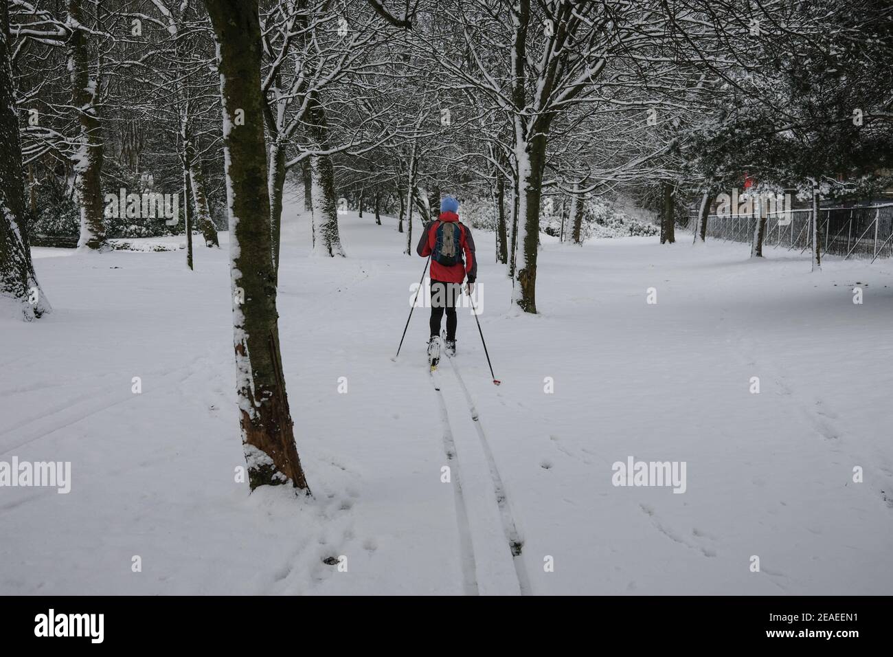 Glasgow, Royaume-Uni, le 9 février 2021. Un homme skine dans Queen's Park, en utilisant la chute de neige lourde pendant la nuit pour son exercice quotidien, pendant le confinement de la pandémie de santé du coronavirus Covid-19 en cours. Crédit photo: Jeremy Sutton-Hibbert/ Alamy Live News. Banque D'Images