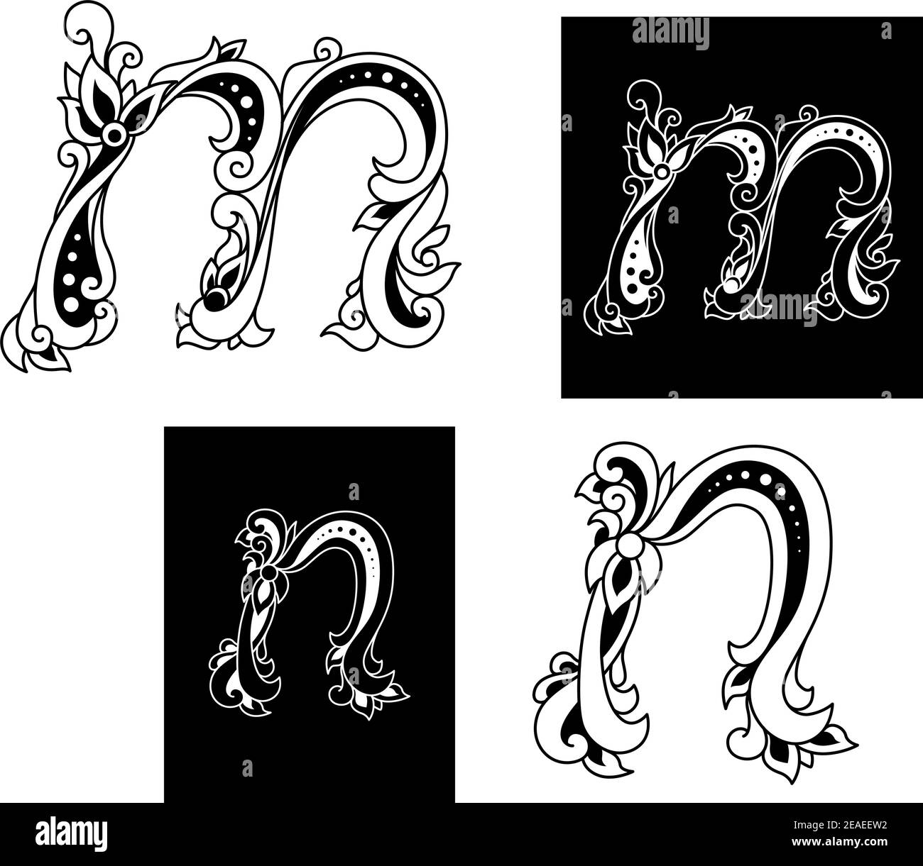 Deux lettres M et N de style floral isolées dessus arrière-plan blanc Illustration de Vecteur
