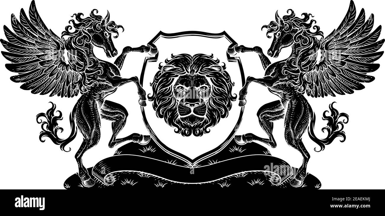 Écusson Pegasus Horses Manteau D'Armoiries Lion Shield Seal Illustration de Vecteur