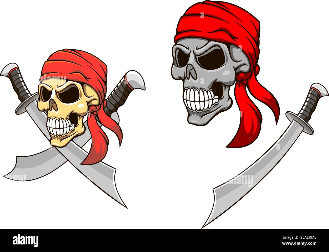 Crâne pirate avec sabres pointus en style caricature pour mascotte conception Illustration de Vecteur