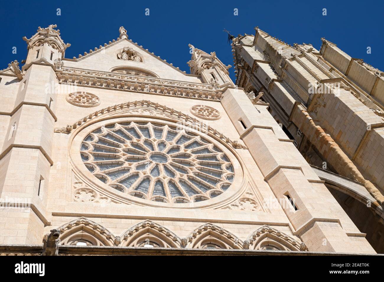 Europe, Espagne, Leon, Santa María de León Cathédrale 'la Pulchra Leonina' montrant la façade avant avec la fenêtre principale de Rosette Banque D'Images