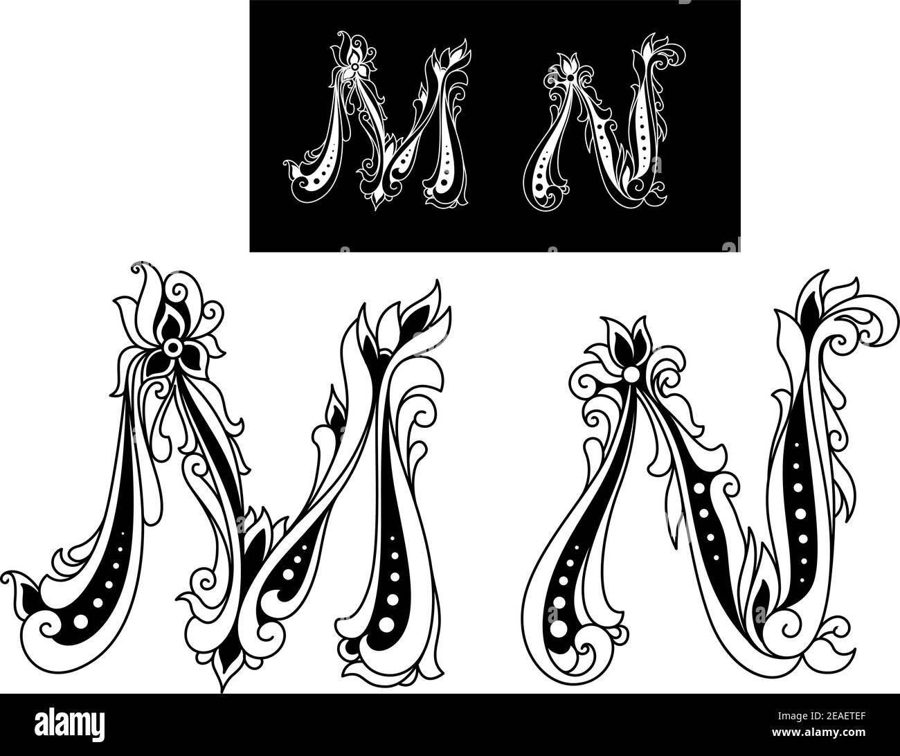 Lettres majuscules M et N de style rétro floral Illustration de Vecteur