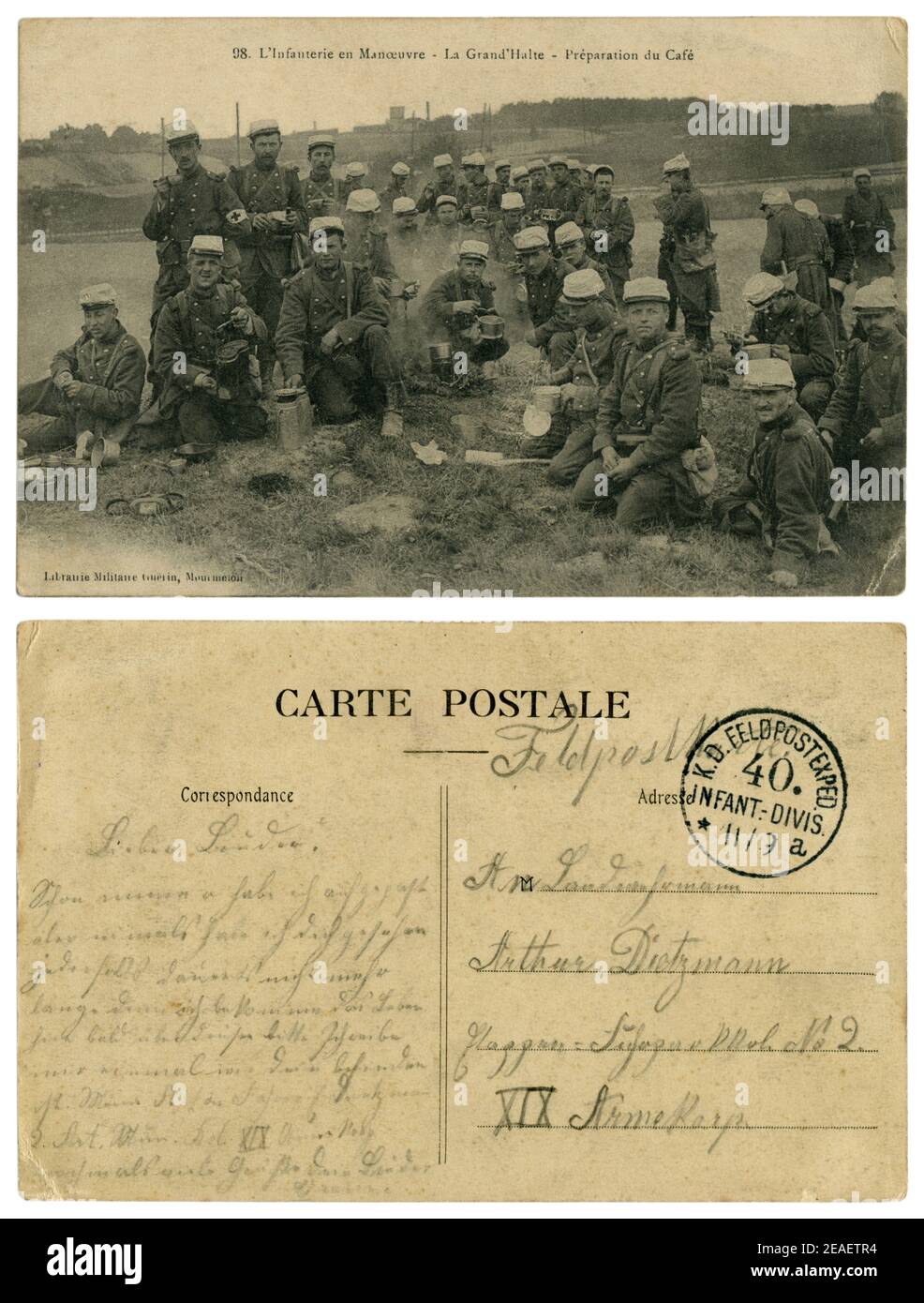 Carte postale historique française : infanterie sur les manoeuvres, le revers est rempli d'un soldat allemand de la 40ème Division d'infanterie, 1914-1918 Banque D'Images