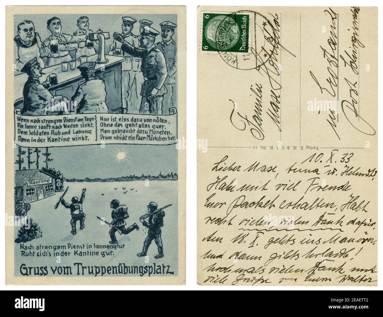 Carte postale historique allemande: «après un service strict au soleil il semble bon dans la cantine», les soldats allemands vont au pub, série satirique 1933 Banque D'Images
