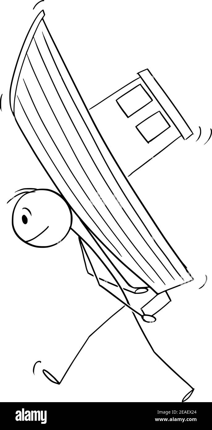 Pêcheur ou homme transportant un bateau de pêche, dessin animé vectoriel en bâton ou illustration de personnage. Illustration de Vecteur