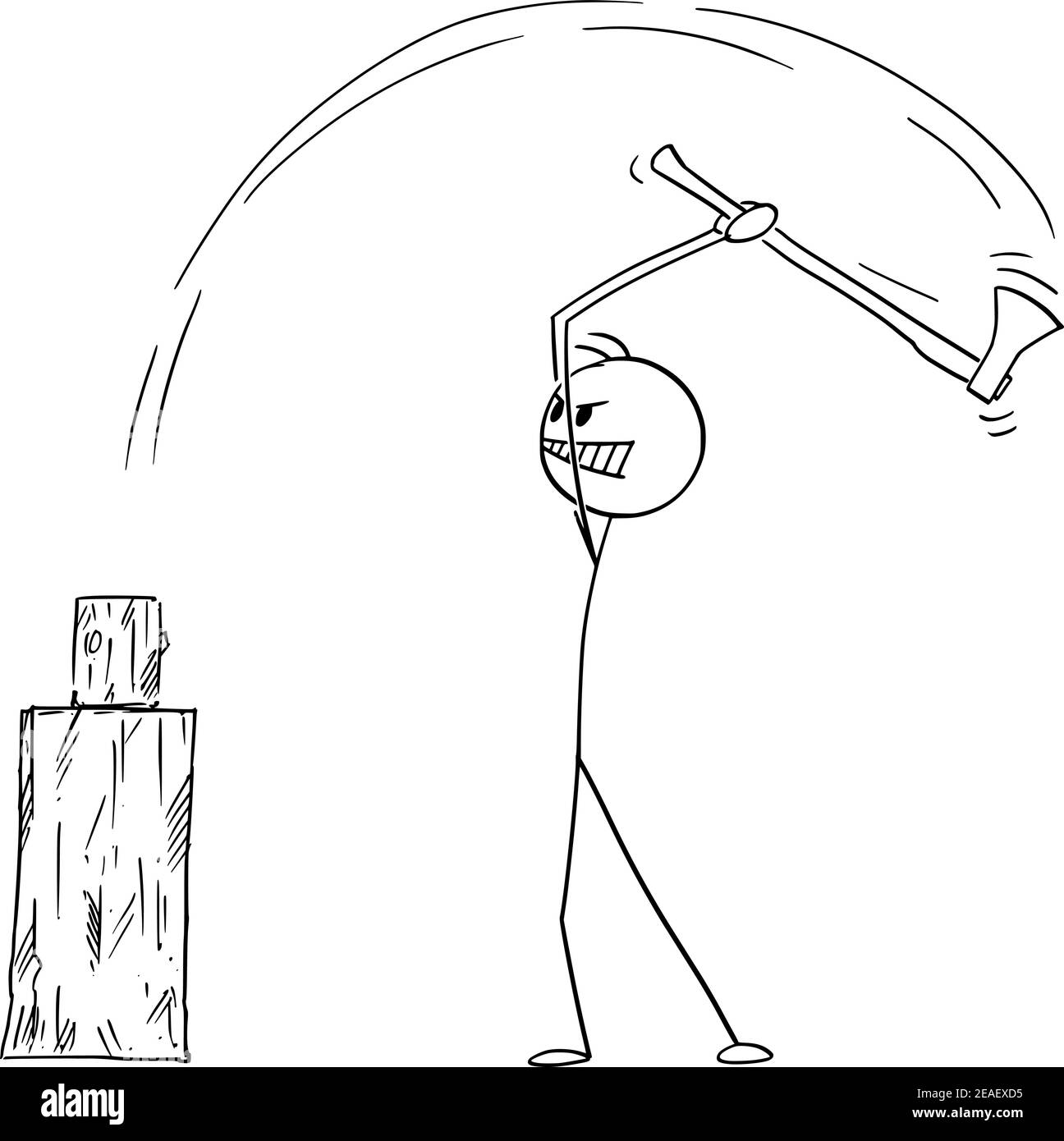 Homme hacher du bois de feu ou du bois de chauffage avec hache, dessin animé vectoriel de bâton figure ou illustration de caractère. Illustration de Vecteur