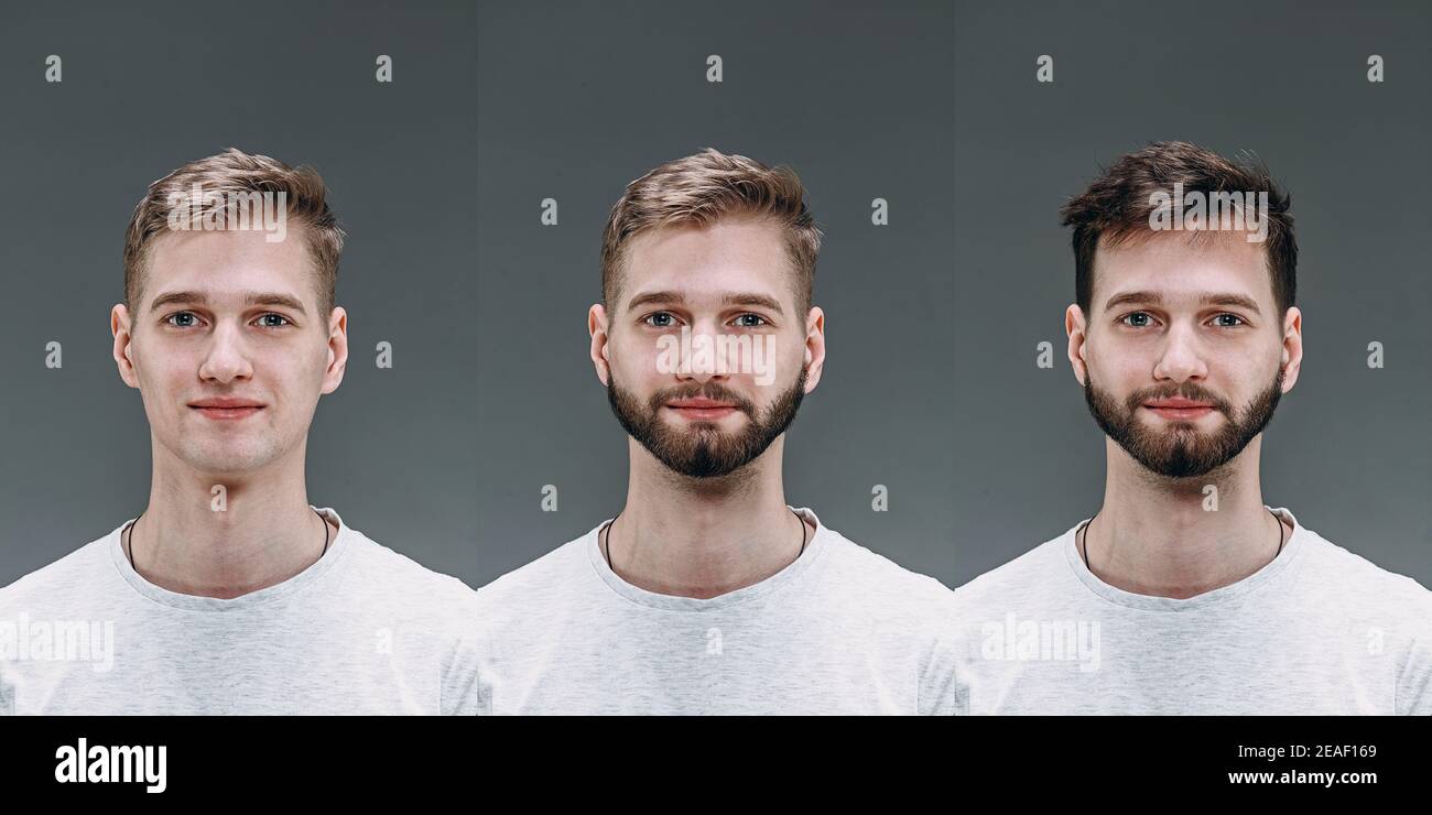 Blond. Collage de l'homme avant et après la visite du barbershop, le client  se réjouit de différentes coupes de cheveux, moustache, barbe. Concept de  soins du corps, beauté masculine, comparaison. Rasage, coiffage,