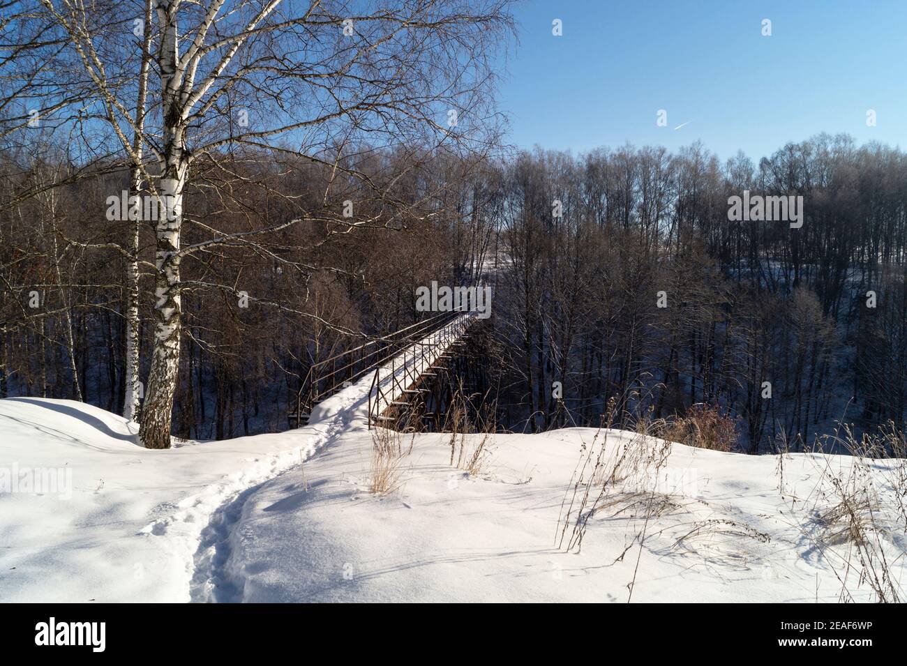 Le paysage avec pont à travers ravin en bois. La nature en hiver durée sur fond bleu ciel Banque D'Images