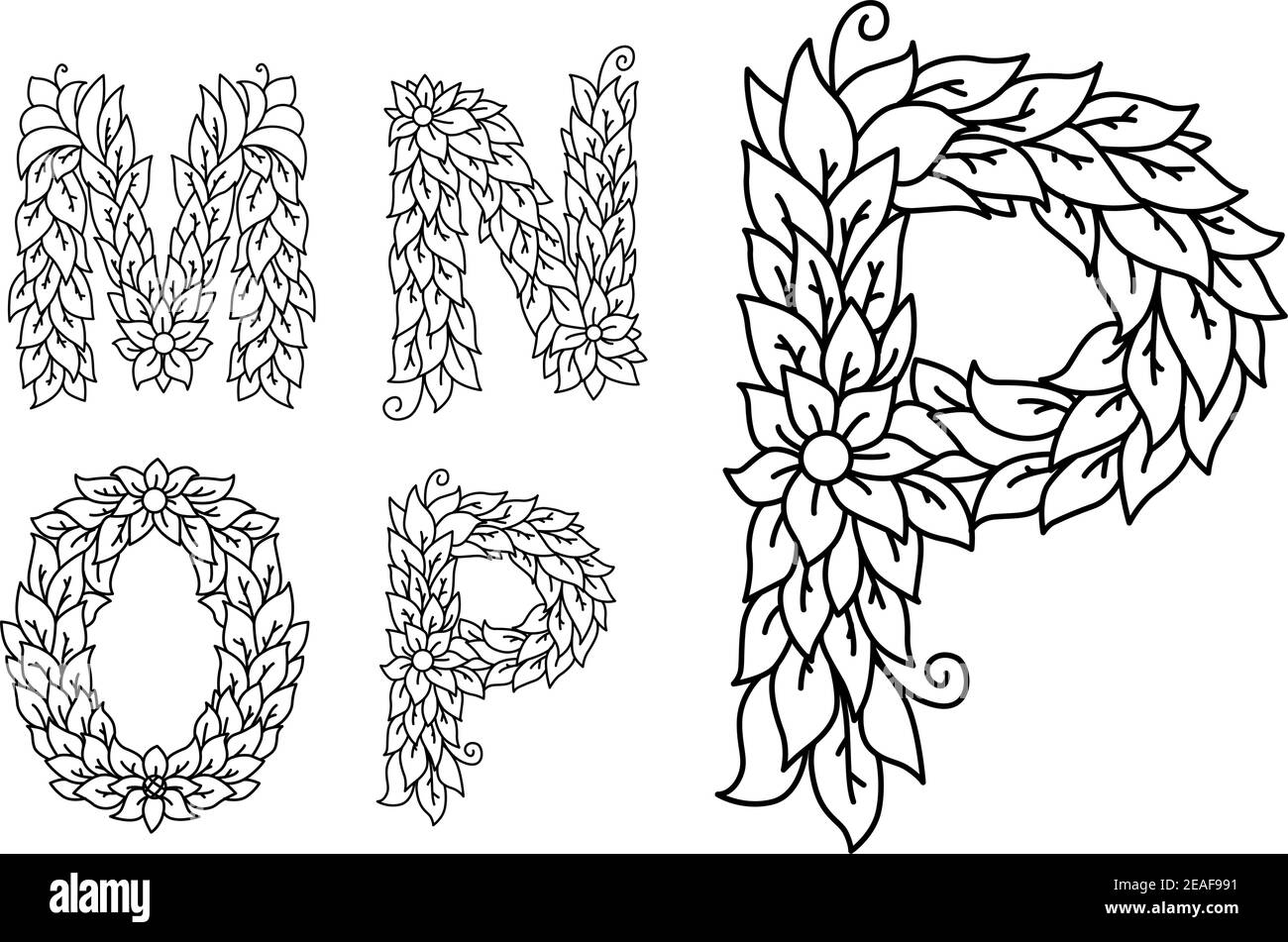 Les lettres florales M, N, O et P sont isolées sur fond blanc Illustration de Vecteur
