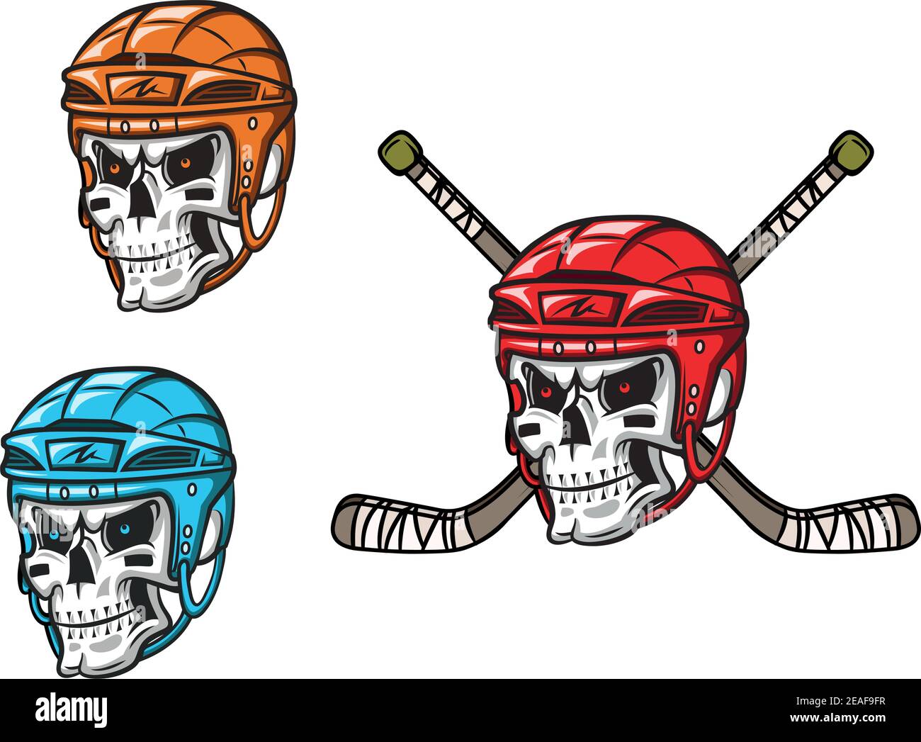 Crâne avec amunition de hockey sur glace dans le style de mascotte de dessin animé pour design sportif Illustration de Vecteur