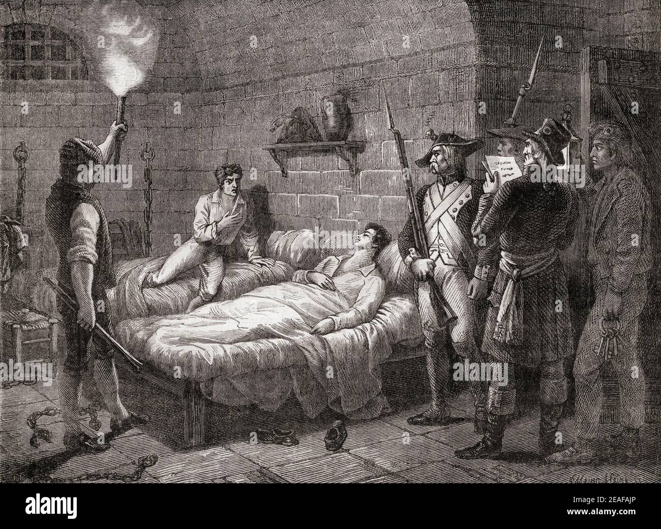 Jean Simon Loizerolles (1733-1794) se donne pour exécution à la place de son fils François Simon Aled de Loizerolles (1771 - 1845), son fils s'est profondément endormi lorsque les gardes sont venus le prendre de sa cellule dans la prison Saint Lazare. De l'Histoire de la Révolution française Banque D'Images