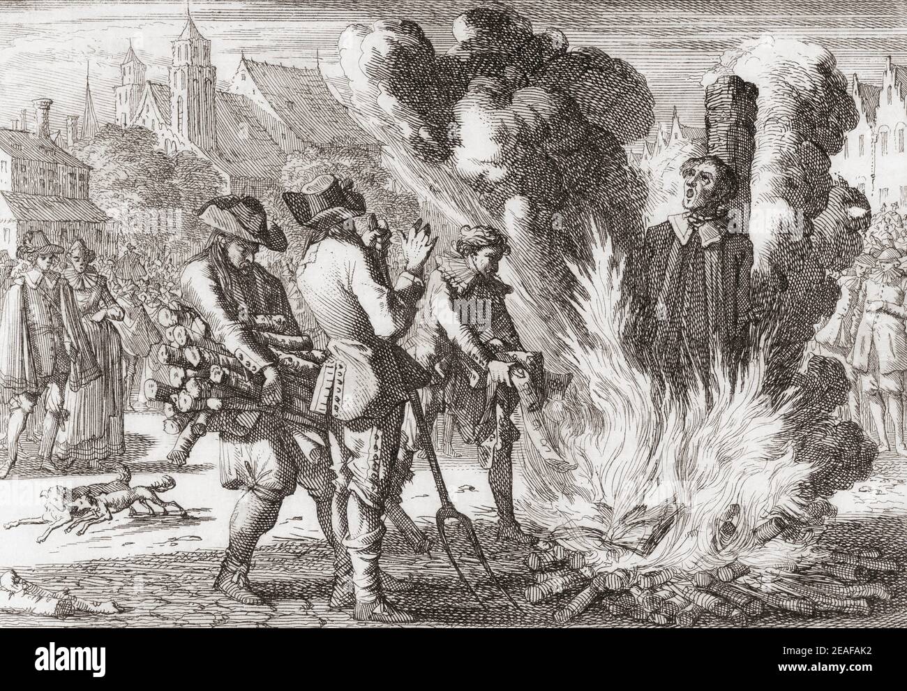 L'incendie au pieu d'Urbain Grandier à Loudon, France, le 18 août 1634, après sa condamnation pour sorcellerie au procès des possessions de Loudon. Urbain Grandier, 1590 - 1634, prêtre français. Après et travail du XVIIIe siècle par Caspar Luyken. Banque D'Images