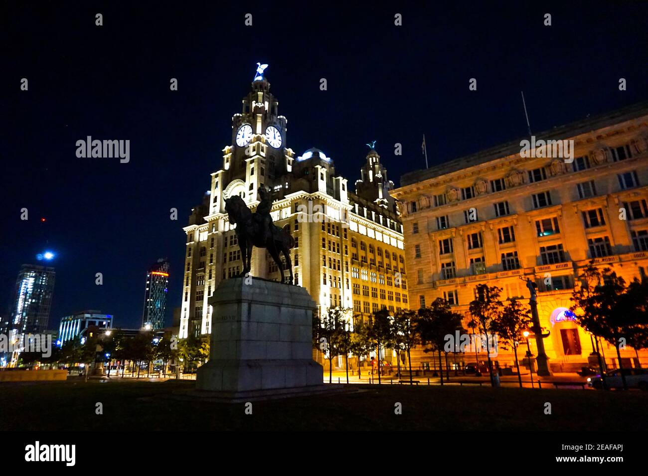 Edward VII Horse Monument & The Royal Liver Building at Night, Liverpool illuminée architecture, Angleterre, Royaume-Uni Banque D'Images