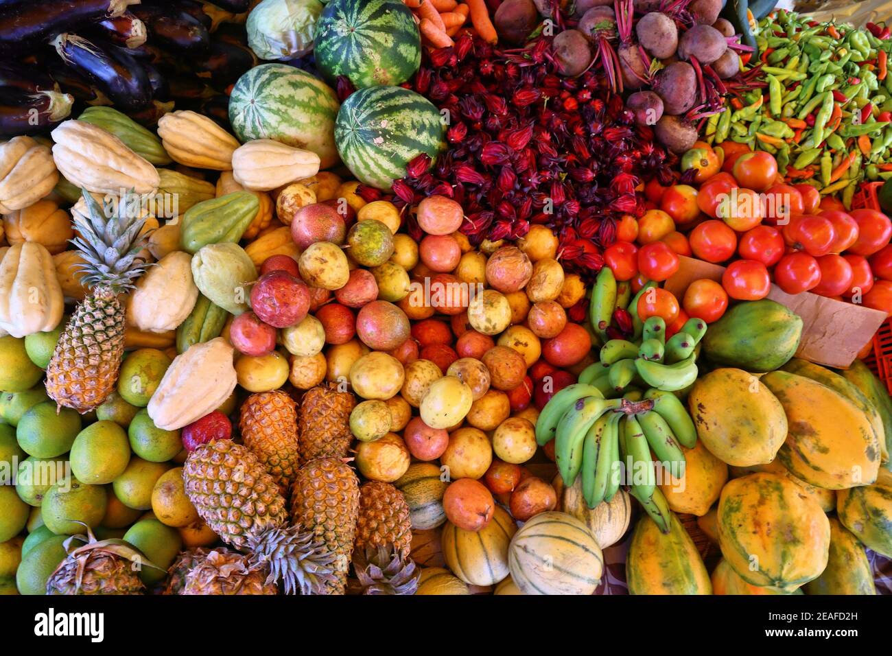 Marché aux fruits de la Guadeloupe à Pointe a Pitre, la plus grande ville de la Guadeloupe. Banque D'Images