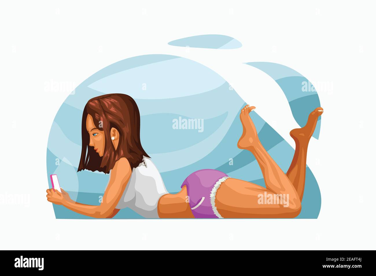 jeune femme couché et utilisant son srmartphone Illustration de Vecteur