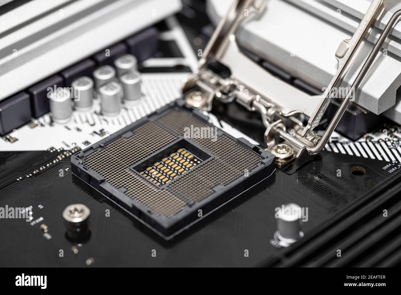 Macro-shot du socket LGA 1200 moderne vide pour processeur sur carte mère noire pour PC de bureau. Banque D'Images