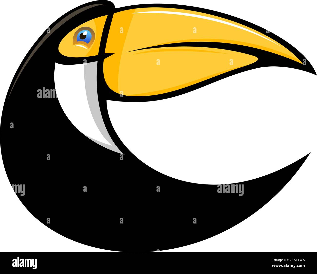 Dessin animé d'un oiseau toucan stylisé incurvé en noir avec une large bande orange colorée isolée sur blanc Illustration de Vecteur