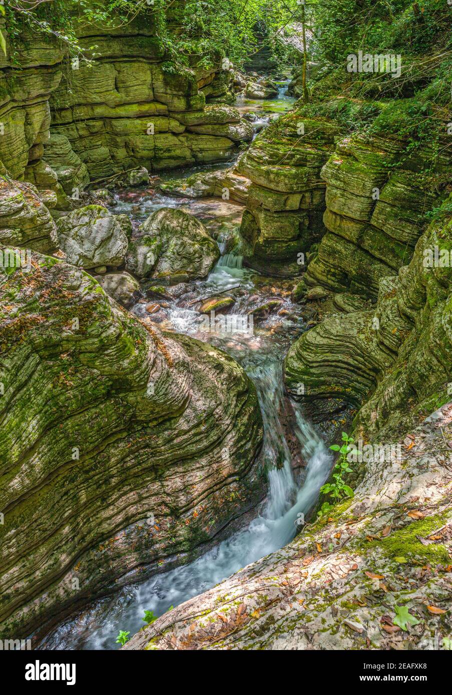 La rivière Garrafo coule rapidement et de façon écrasante entre les hautes parois du Gole del Garrafo. Gran Sasso et Monti della Laga National Park, Marche, I Banque D'Images