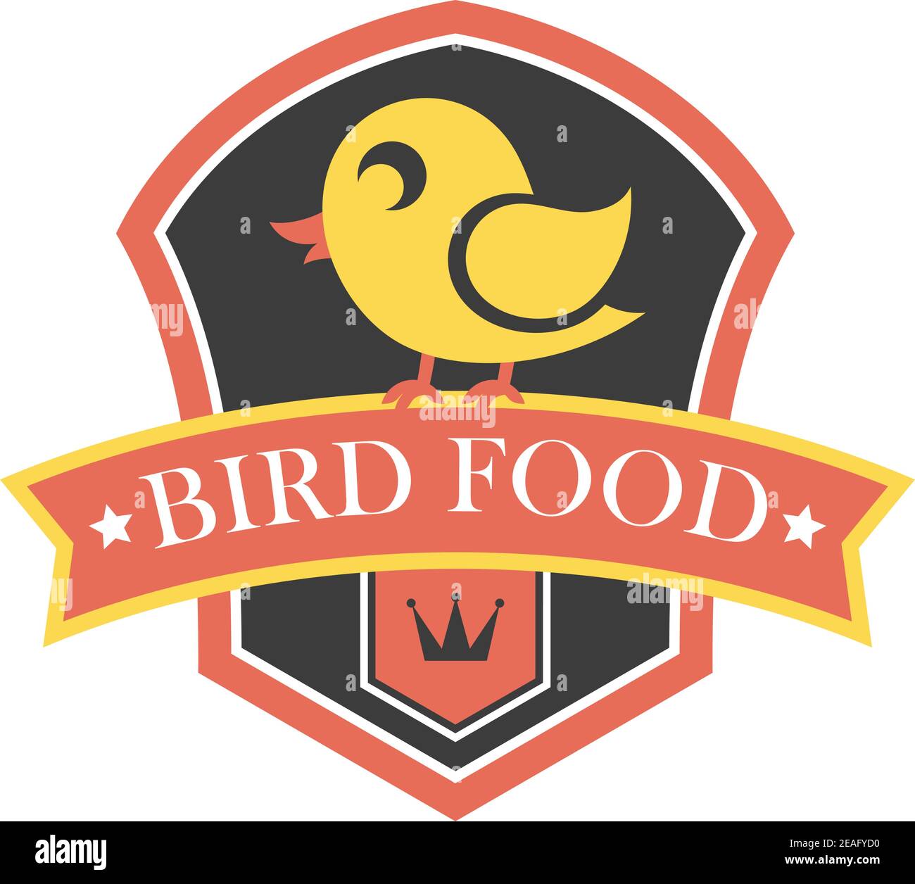 Emblème de nourriture d'oiseau avec un bouclier contenant un petit mignon bande dessinée jaune canari perchée sur une bannière contenant le texte - nourriture d'oiseau - sur une couronne Illustration de Vecteur