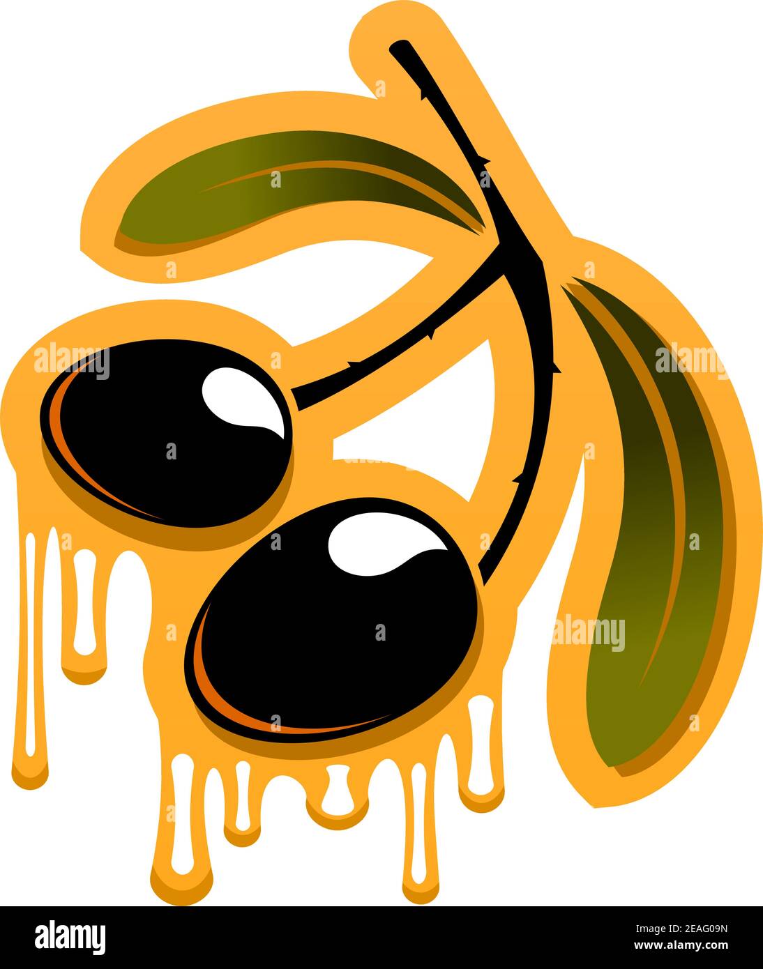 Illustration vectorielle de deux olives noires fraîches sur une branche avec des feuilles d'huile d'olive goutte à goutte, isolées sur blanc Illustration de Vecteur