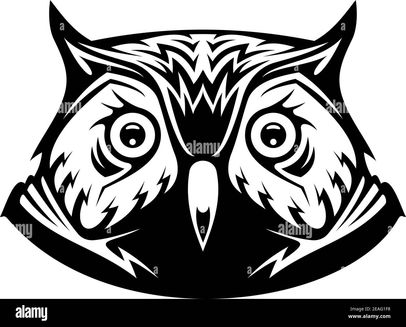 Illustration vectorielle noire et blanche de la tête un vieil hibou sage regardant directement le spectateur, sur blanc Illustration de Vecteur