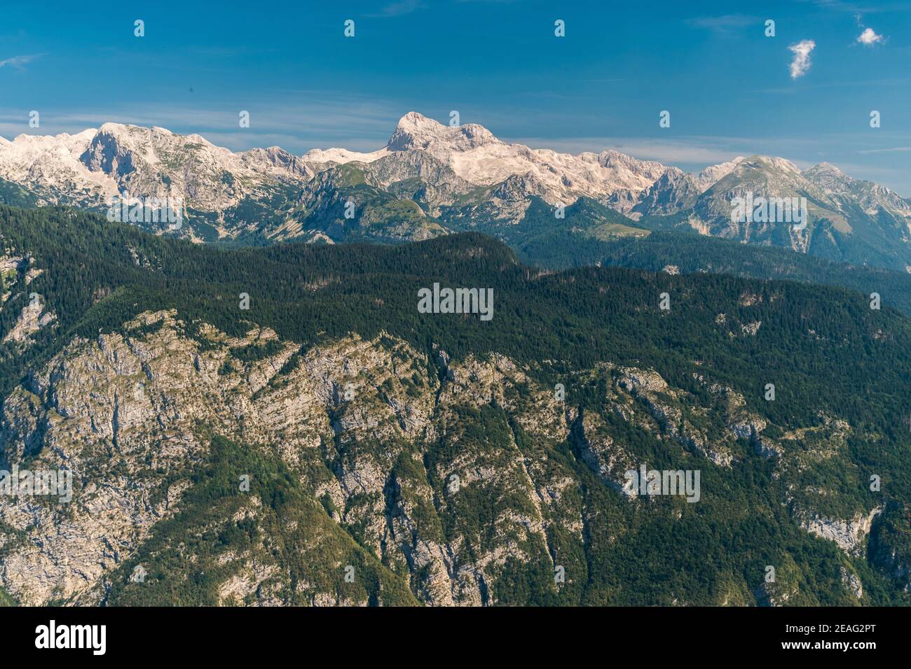 Le Mont Triglav, le plus haut sommet de Slovénie, vue de la zone touristique de Vogel Banque D'Images