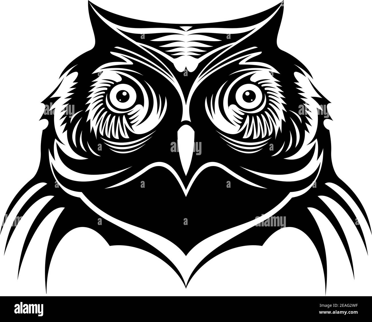 Dessin de la tête d'un en noir et blanc sage vieille chouette avec de grands yeux regardant le spectateur Illustration de Vecteur