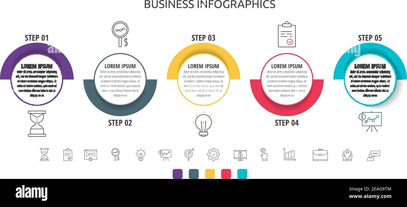 Infographie sur les lignes vectorielles des cercles avec icônes en 5 étapes. Chronologie utilisée pour le diagramme, le graphique, le Web, la bannière, la disposition du flux de travail, les présentations, l'organigramme, le traitement Illustration de Vecteur