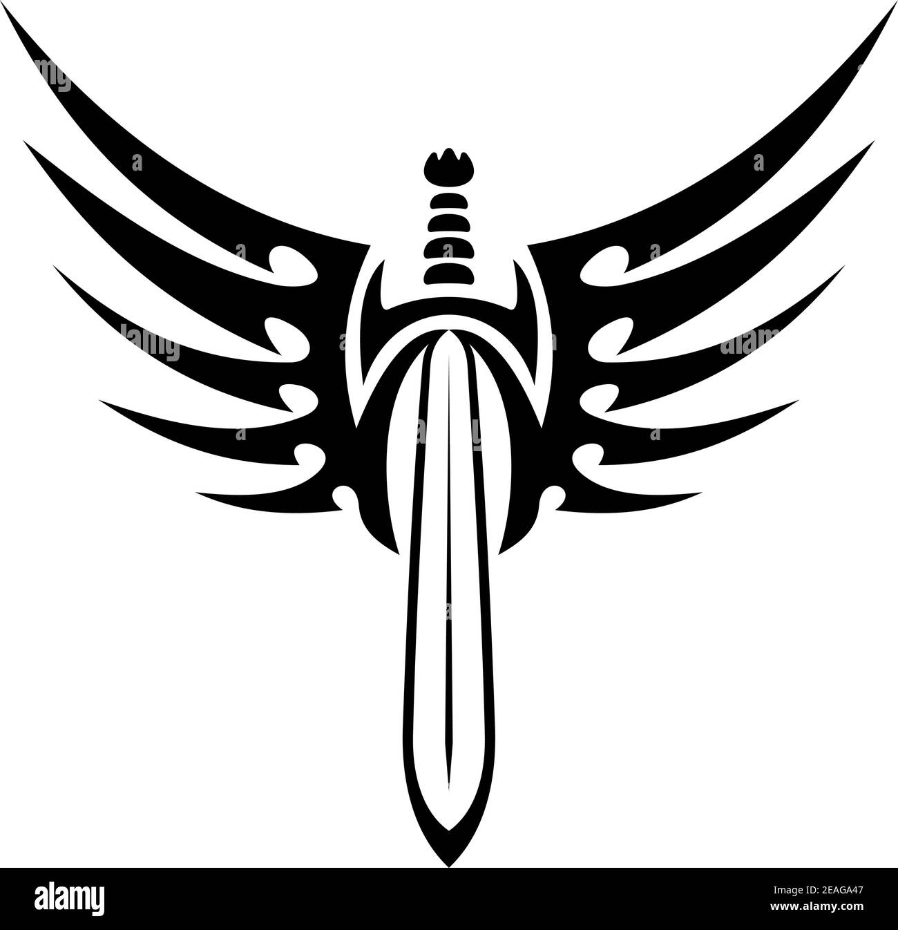 Illustration vectorielle noire et blanche d'une épée à ailes avec plumes stylisées à l'extérieur pour motif tatouage tribal Illustration de Vecteur