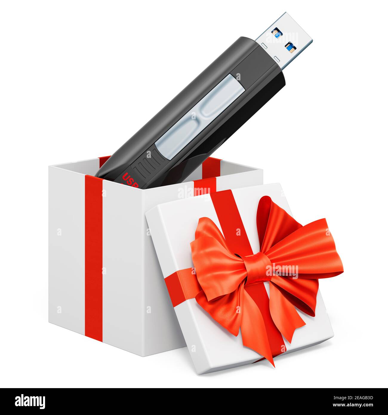 Clé USB à l'intérieur de la boîte cadeau, concept actuel. Rendu 3D isolé sur fond blanc Banque D'Images