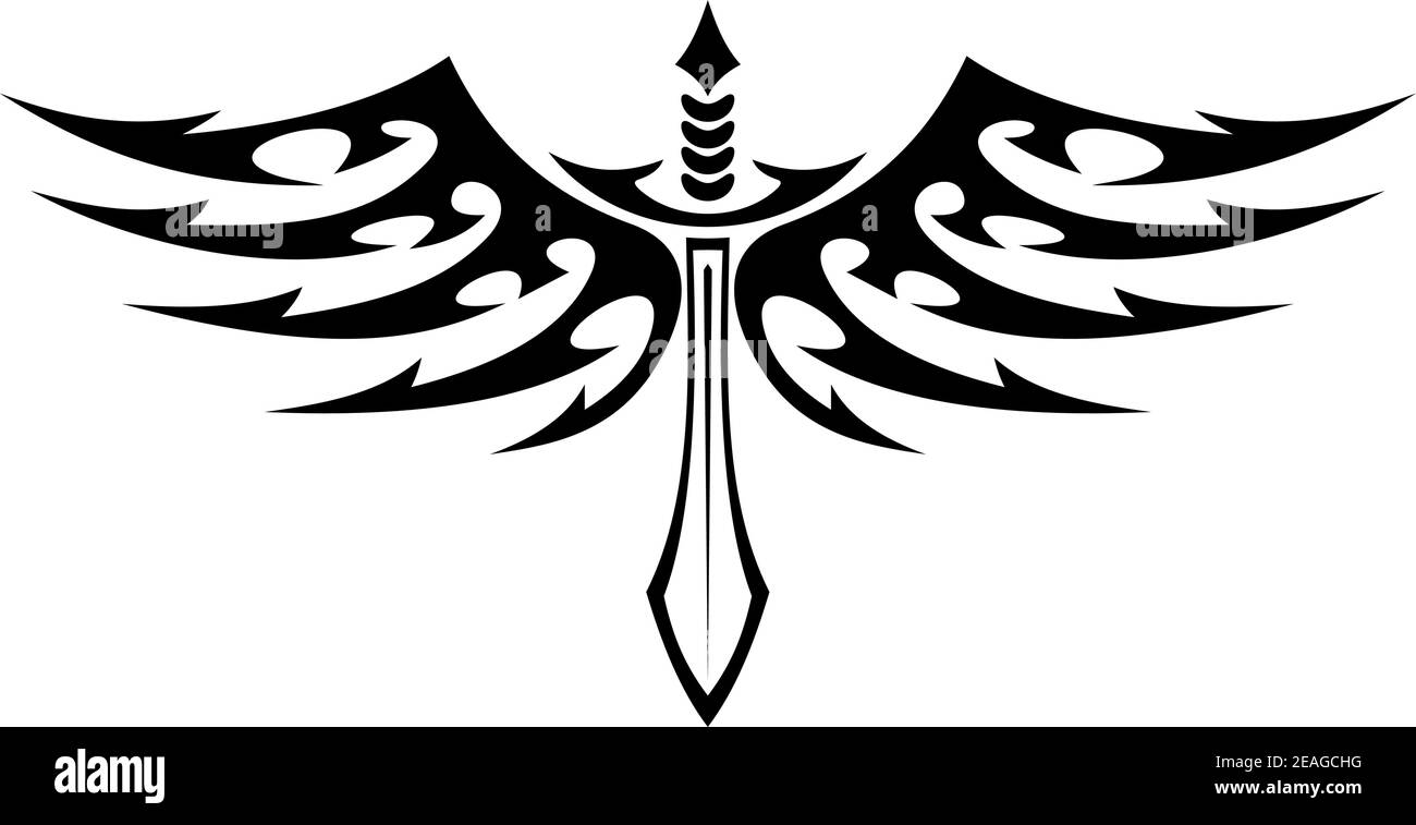 Illustration vectorielle noire et blanche d'un tatouage d'épée à ailes avec des plumes barbelées dans des ailes gracieuses Illustration de Vecteur